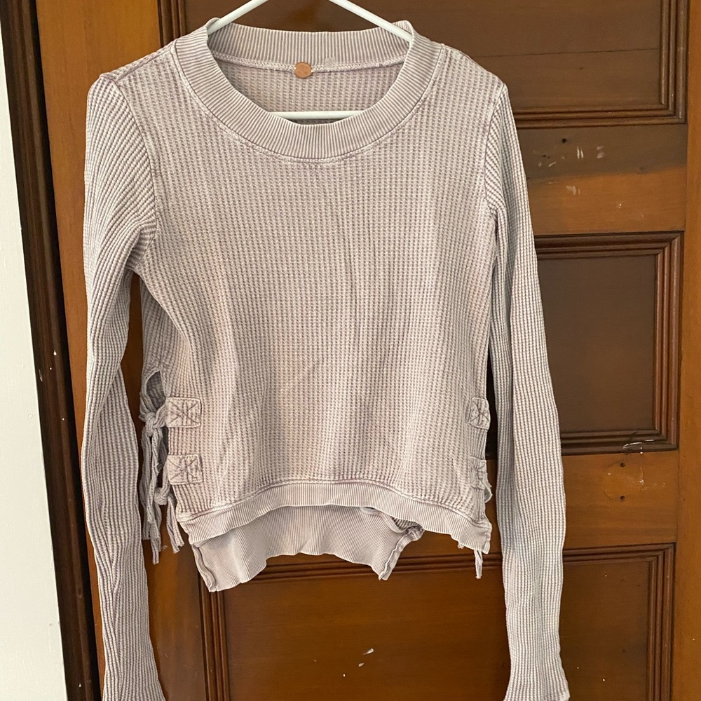 Free People Top. Tan Long Sleeve ties on side hem